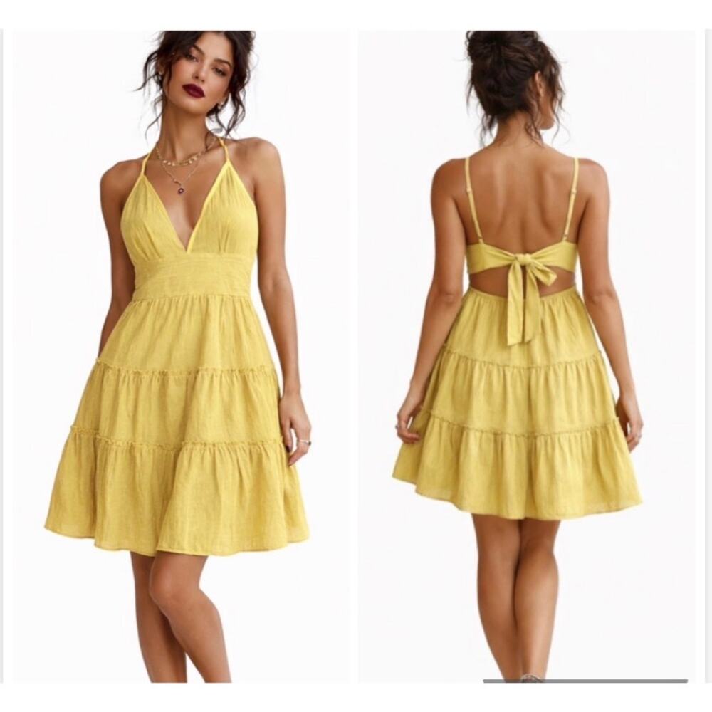NWT Organic Cotton Linen Boho Tiered Summer Halter Sundress Mustard Yellow S-L